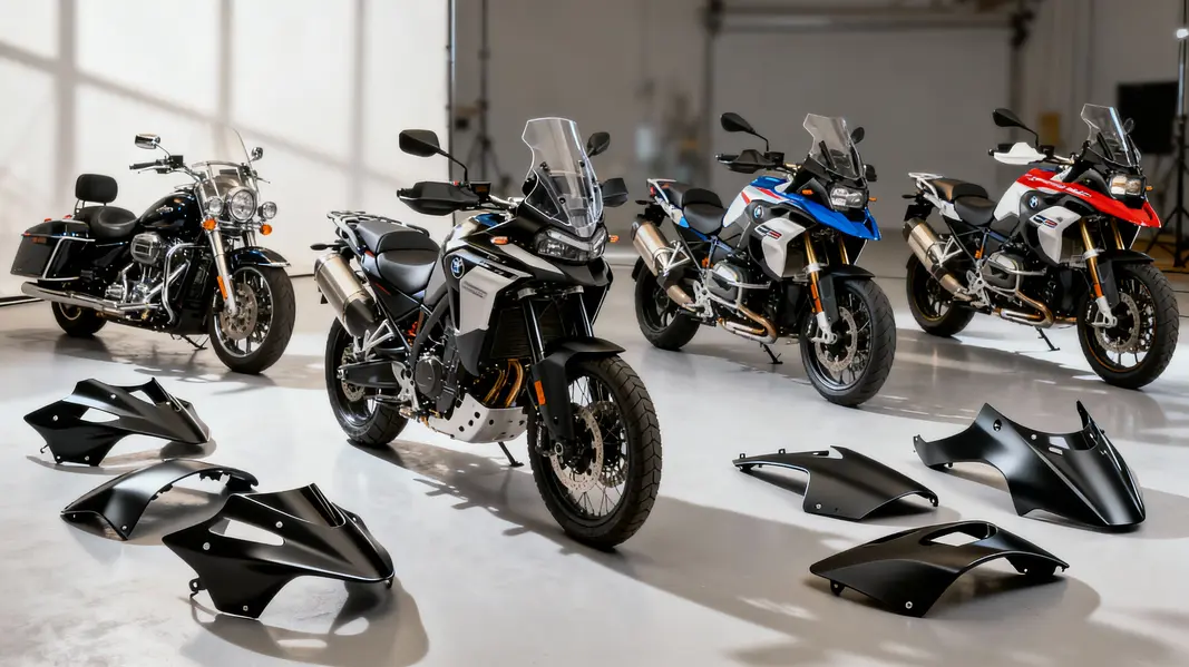 Showcasing a variety of custom motorcycle fairings highlighting color and design options.