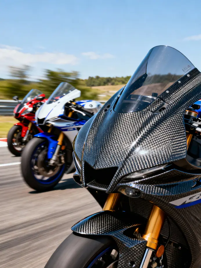 A collage of motorcycles with carbon fiber fairings demonstrating their performance benefits in an outdoor environment.