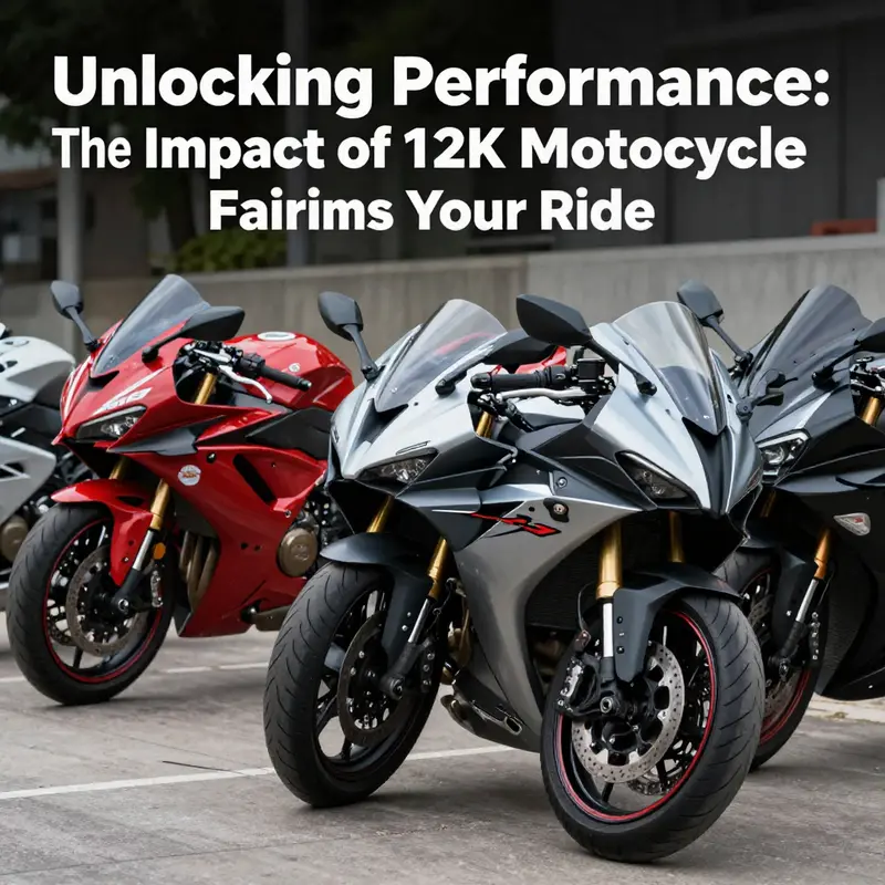 Several motorcycles in an outdoor setting, each featuring distinctive 12k motorcycle fairings showcasing design and performance.