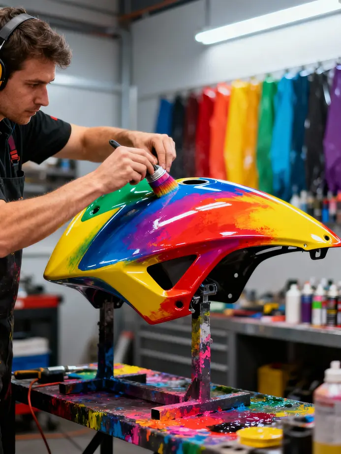A professional painter applying paint to motorcycle fairings, reflecting the artistry and professionalism involved in the process.