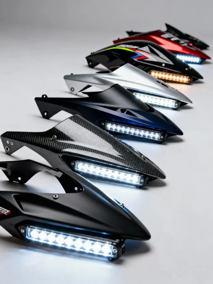 A collection of custom motorcycle fairings with light bars, illustrating variety and advanced design features.