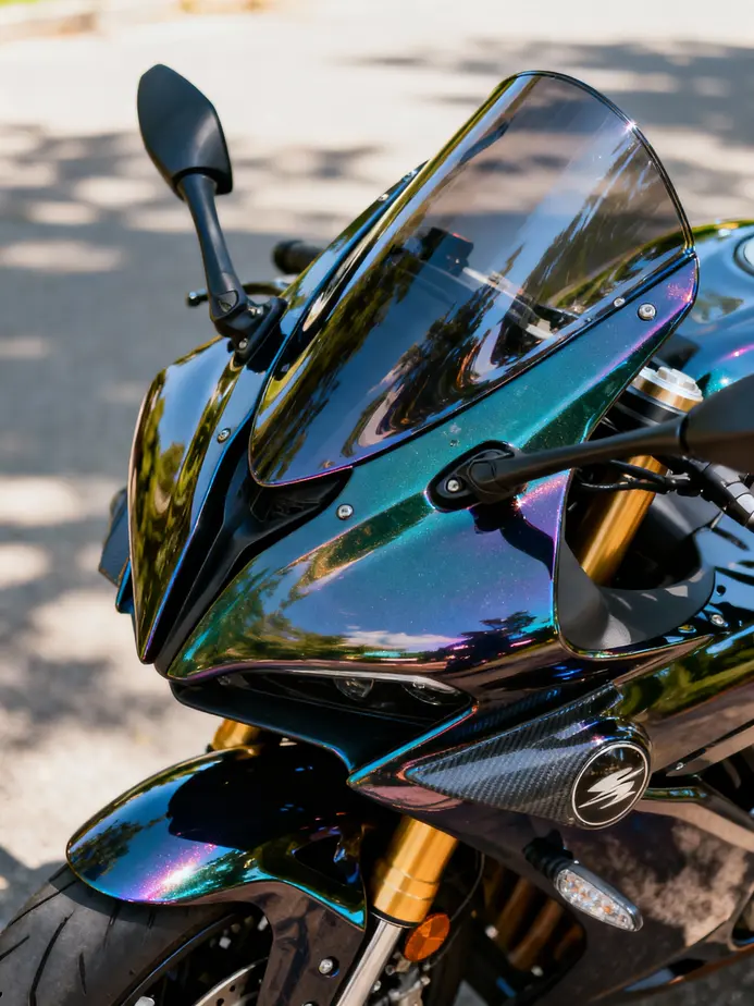 A gleaming motorcycle with beautifully polished fairings, highlighting the successful outcome of buffing.