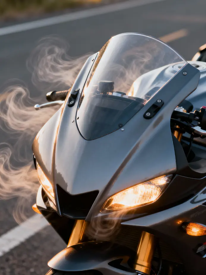Close-up of motorcycle front fairing illustrating its role in airflow management and wind protection.