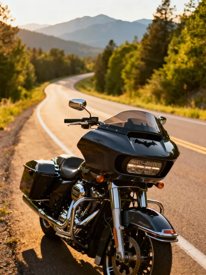 A Harley-Davidson motorcycle with batwing fairing on a scenic road, capturing the spirit of freedom and innovation.