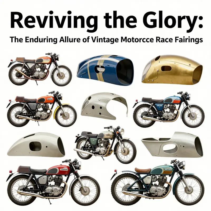 A visual timeline featuring various classic motorcycle race fairings, illustrating their evolution over the decades.