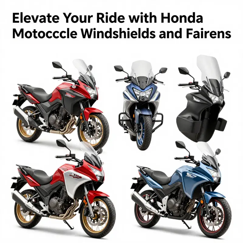 Diverse options of windshields and fairings for Honda motorcycles, displaying their design and specifications.