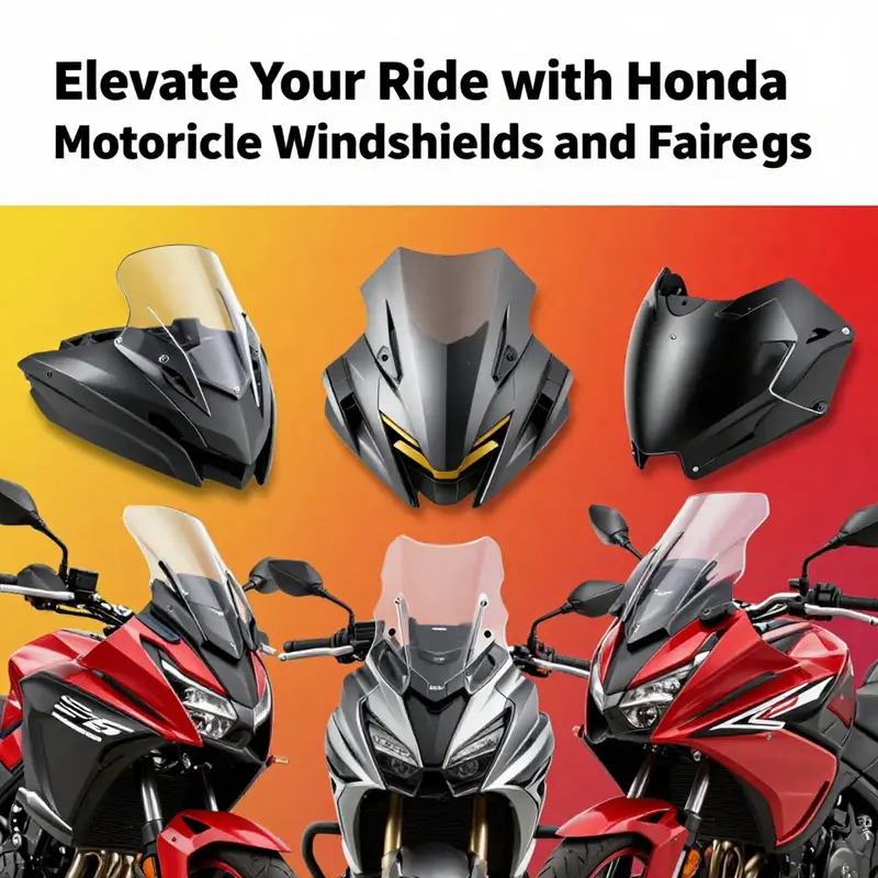 Diverse options of windshields and fairings for Honda motorcycles, displaying their design and specifications.
