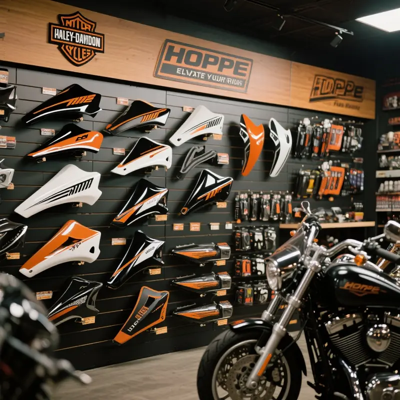 A diverse selection of Hoppe motorcycle fairings prominently displayed in a motorcycle accessory store.