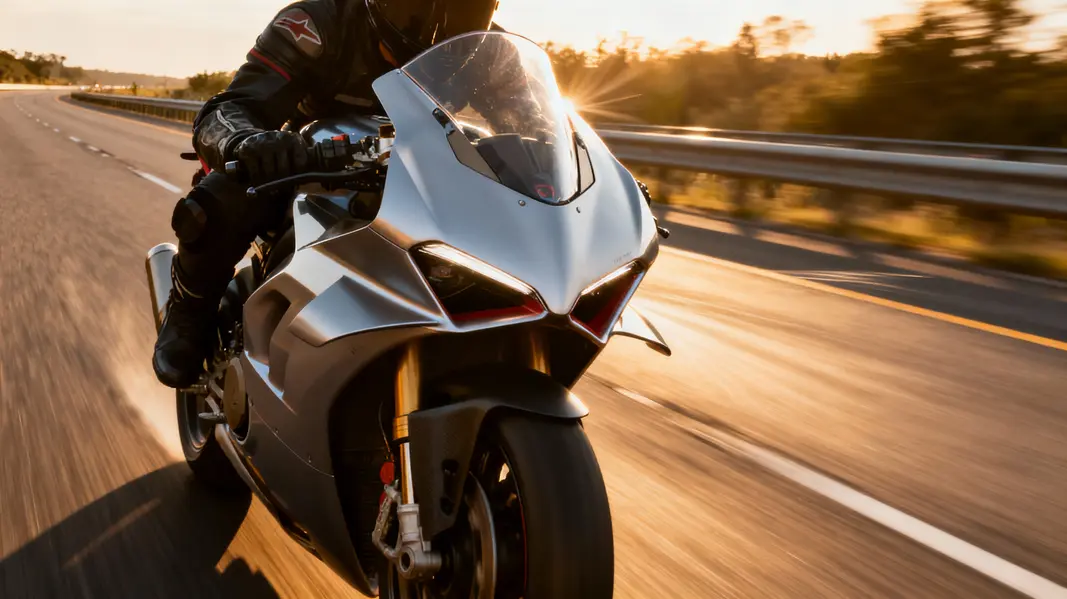 Close-up of motorcycle front fairing illustrating its role in airflow management and wind protection.