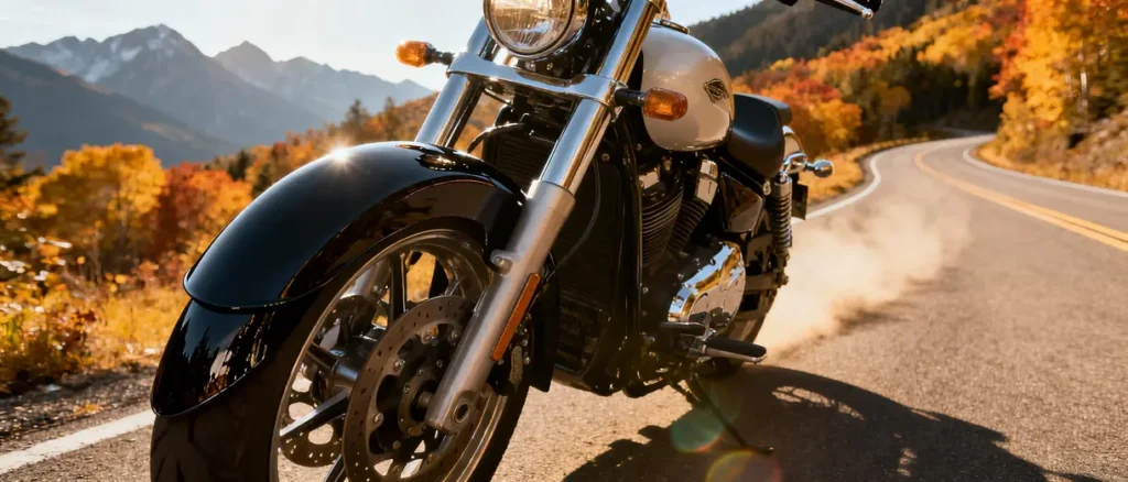 Motorcycle with lower fairings parked on a scenic road, reflecting adventure and style.