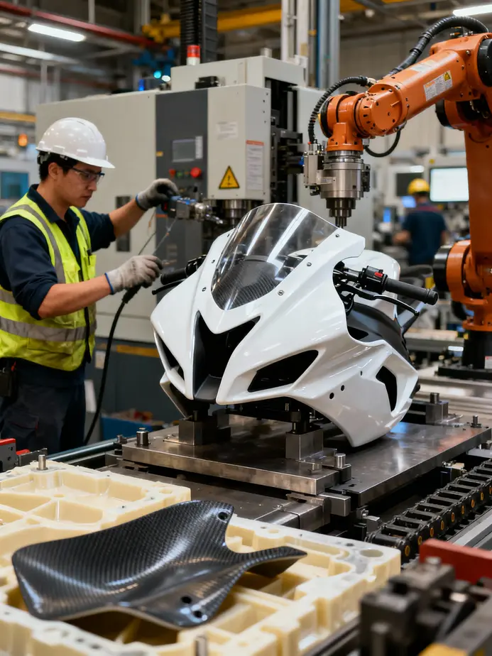 Close-up of motorcycle front fairing illustrating its role in airflow management and wind protection.