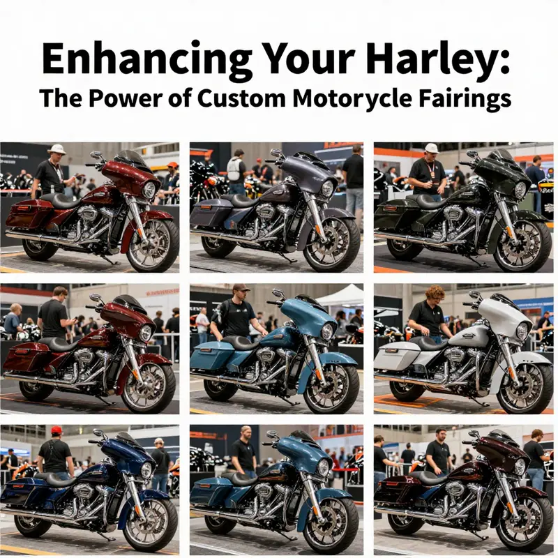 Custom motorcycle fairing showcasing unique design elements and colorful aesthetics tailored for Harley-Davidson.