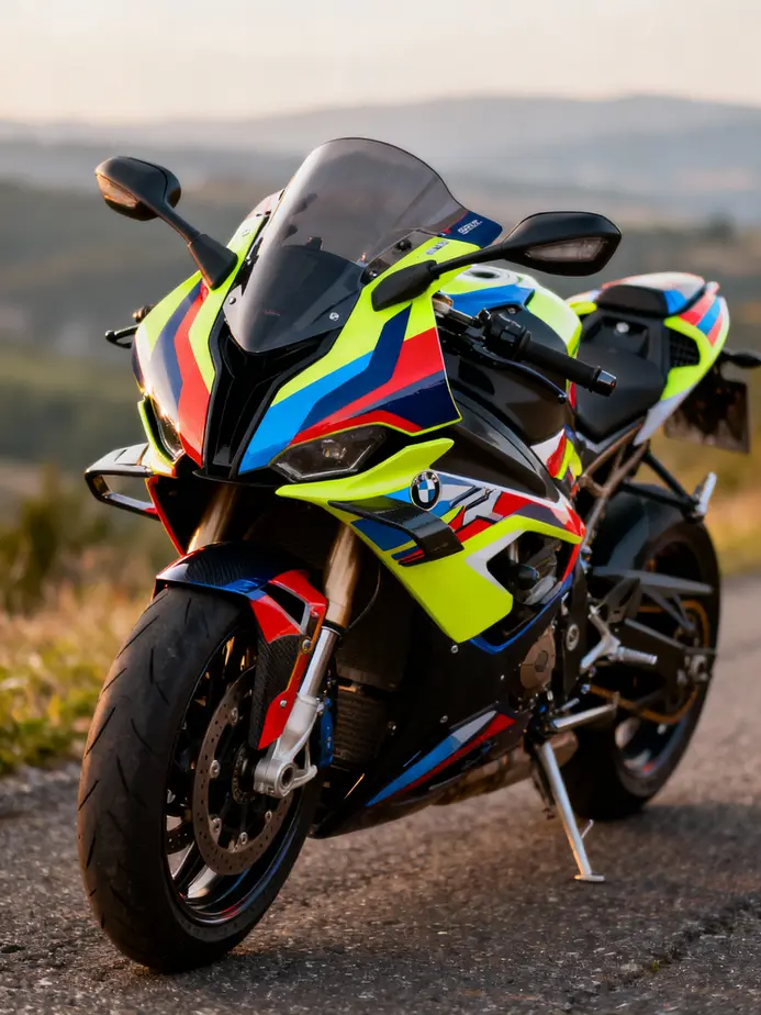 Motorcycle equipped with colorful aftermarket fairings in a scenic outdoor setting.