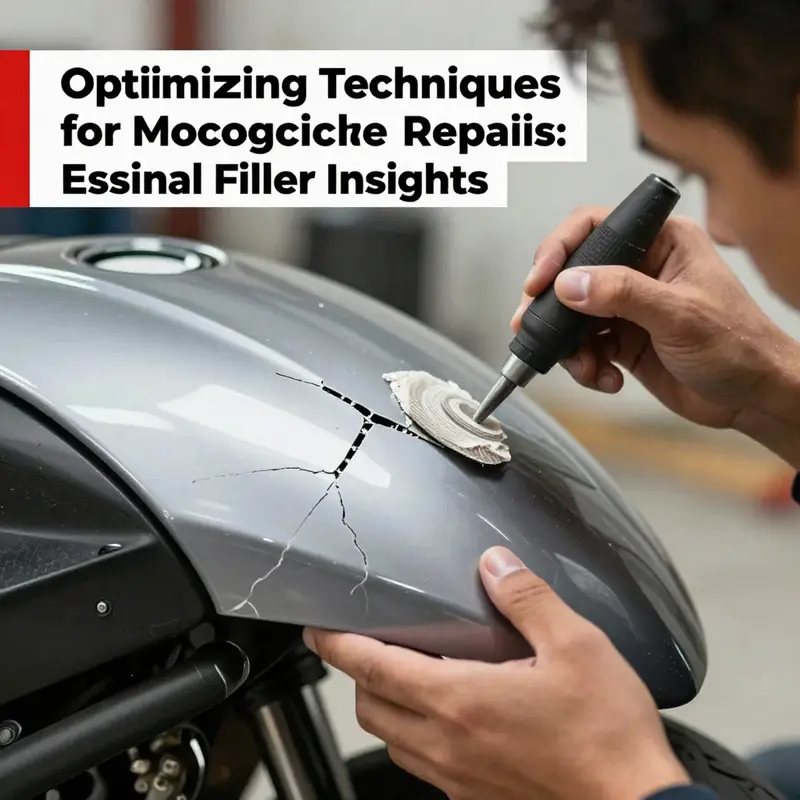 Different types of motorcycle fairing filler materials ready for use in repair processes.