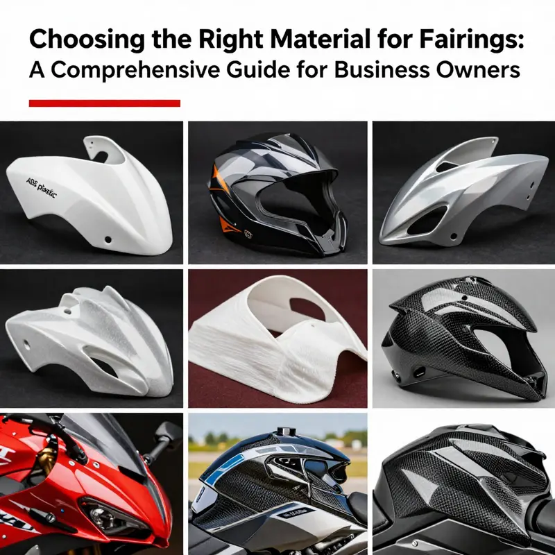 Collage of motorcycle fairings showcasing ABS plastic, polycarbonate, fiberglass, and carbon fiber materials.