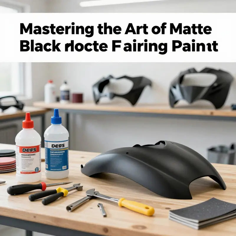 Essential materials and tools for preparing motorcycle fairings for a matte black paint job.