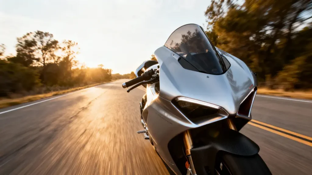 A motorcycle with aerodynamic fairings racing down an open road, showcasing speed and design innovation.