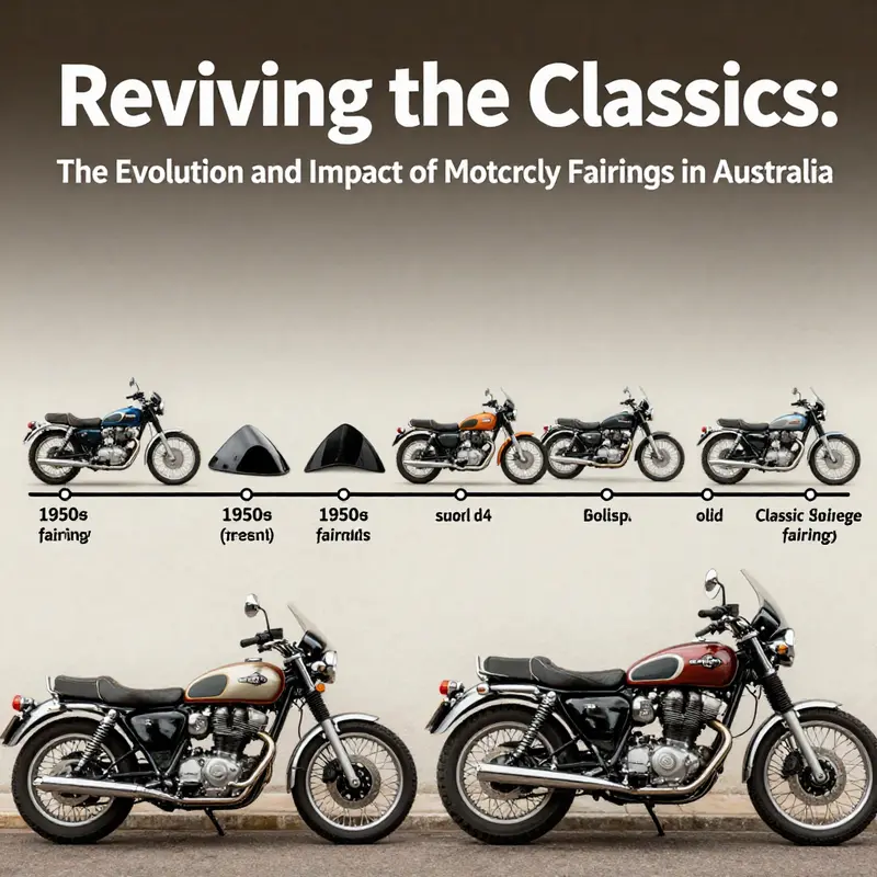 Visual representation of the historical evolution of classic motorcycle fairings in Australia.