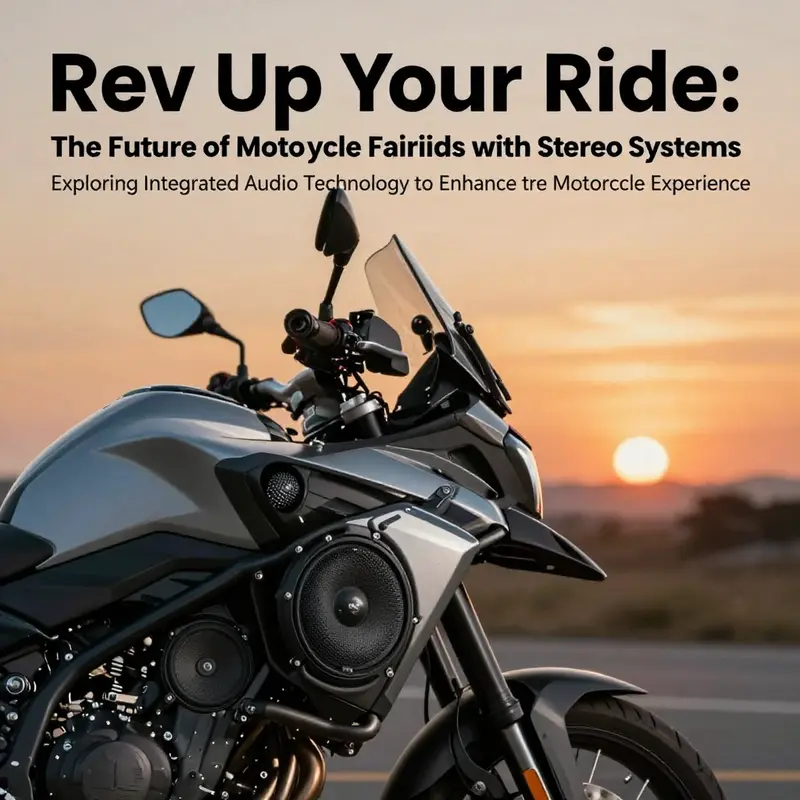 A motorcycle parked against a sunset, equipped with a fairing that features advanced stereo audio technology, symbolizing the evolution of riding.