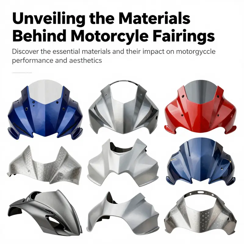 A wide-angle image of different motorcycle fairings made from various materials, showcasing their design and texture.