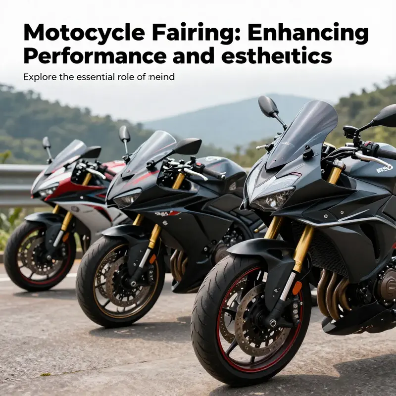 Several motorcycles with varying fairing designs parked in a picturesque landscape.