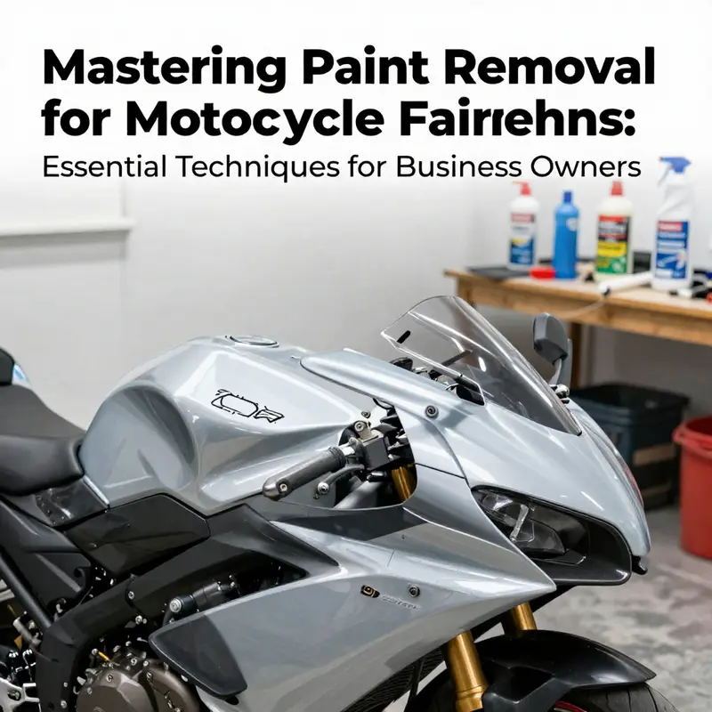 A motorcycle fairing in the process of paint removal with tools and products displayed in the workspace.