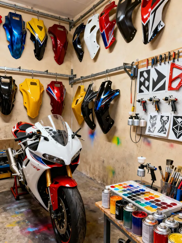 A vibrant motorcycle workshop where fairings are being painted, showcasing tools and a variety of painted fairings.