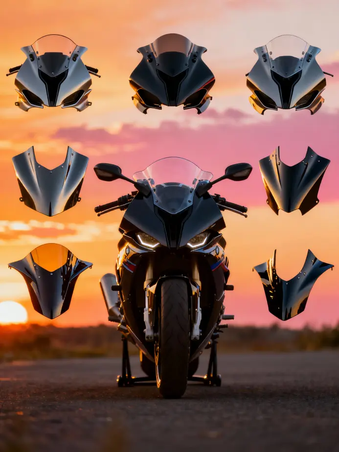 A motorcycle photographed during sunset displaying different front fairing designs, showcasing the blend of aesthetics and functionality.