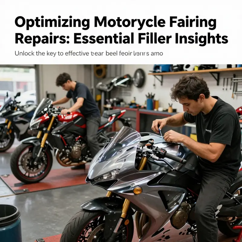 Technicians in a motorcycle repair shop working on fairing repairs, reflecting a professional and efficient atmosphere.