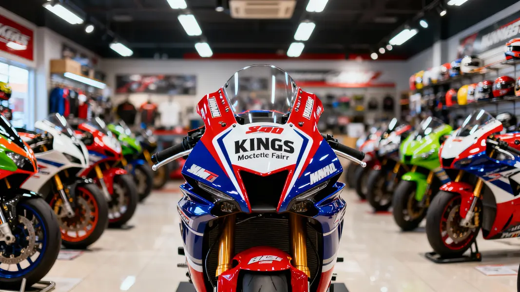 A vibrant display of Kings Motorcycle Fairings showcasing diverse product offerings for various motorcycle models.