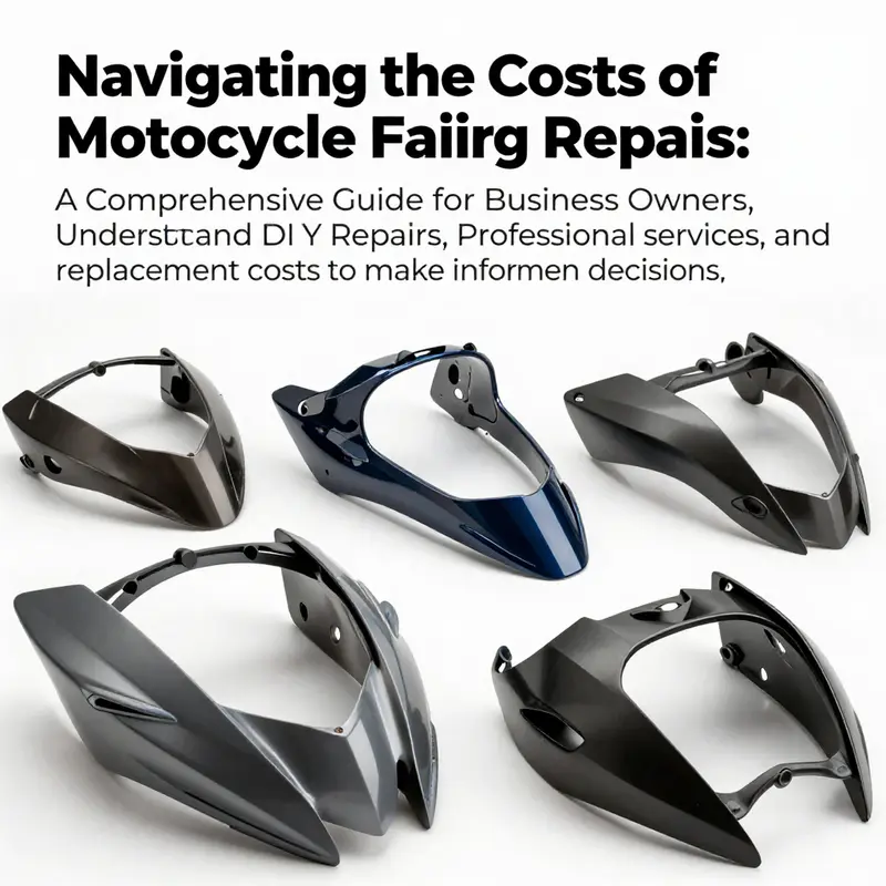 A collection of motorcycle fairings at various stages of repair, showcasing the diversity of repair costs and options available.