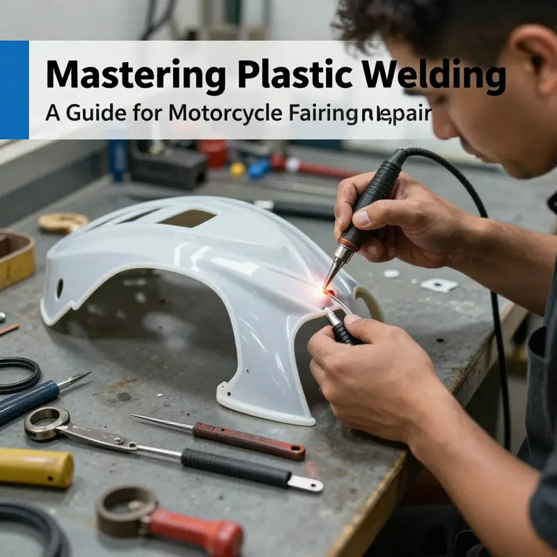 Technician using precise plastic welding techniques on a motorcycle fairing for seamless repairs.
