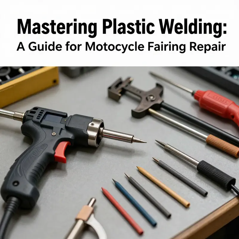Technician using precise plastic welding techniques on a motorcycle fairing for seamless repairs.