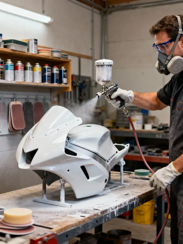 Preparing motorcycle fairings for painting: inspection and cleaning.