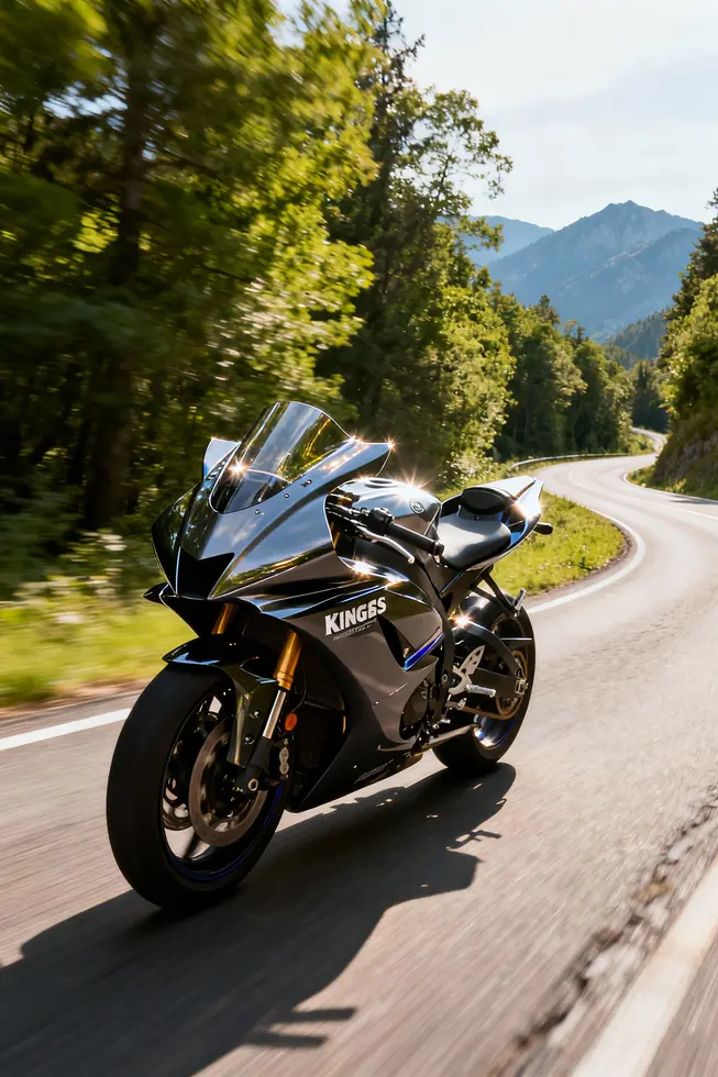 Sport motorcycle on a scenic road featuring Kings Motorcycle Fairings, emphasizing enhanced aesthetics and performance.