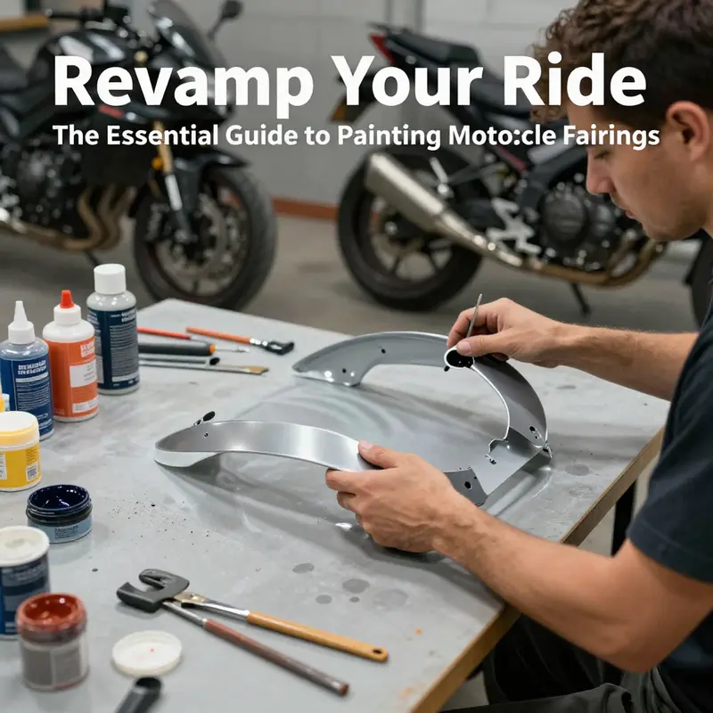 A technician meticulously preparing motorcycle fairings for painting.