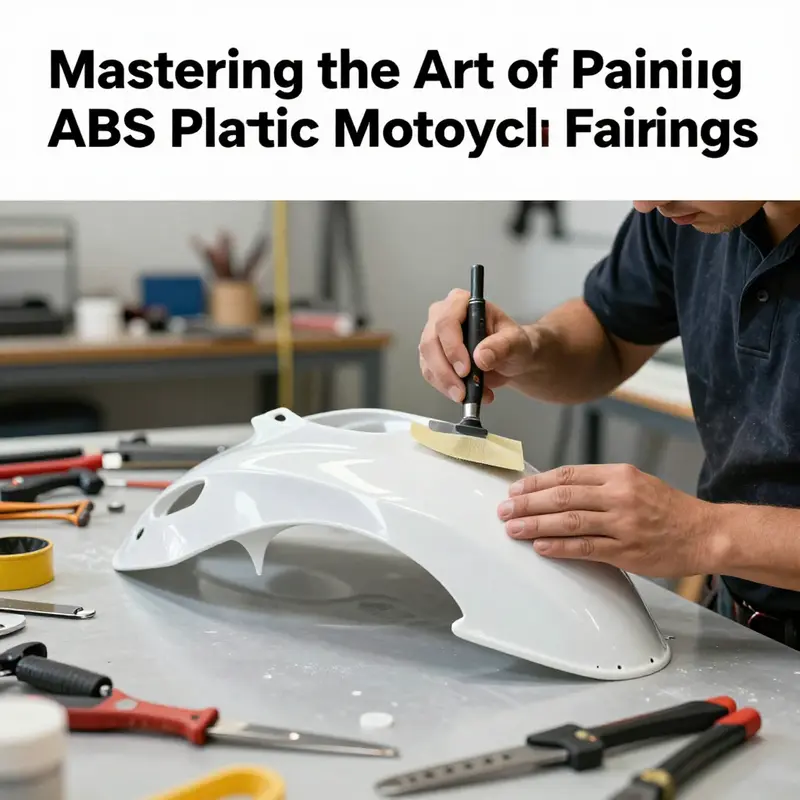 Mechanic preparing ABS plastic fairings for painting with sanding and cleaning techniques.