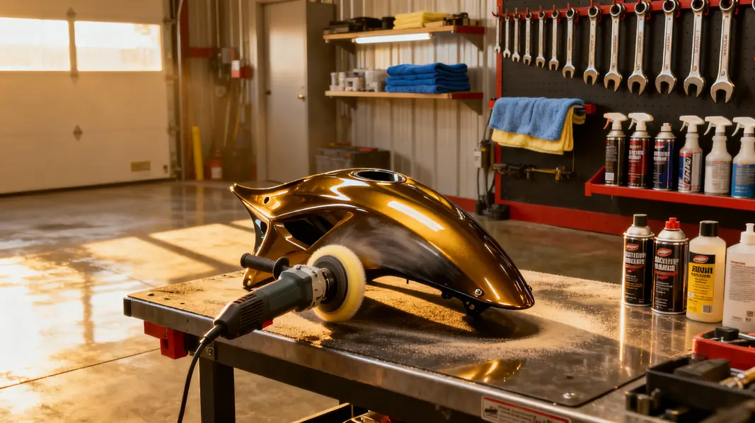 Preparing motorcycle fairings involves careful sanding to ensure optimal polish adhesion.