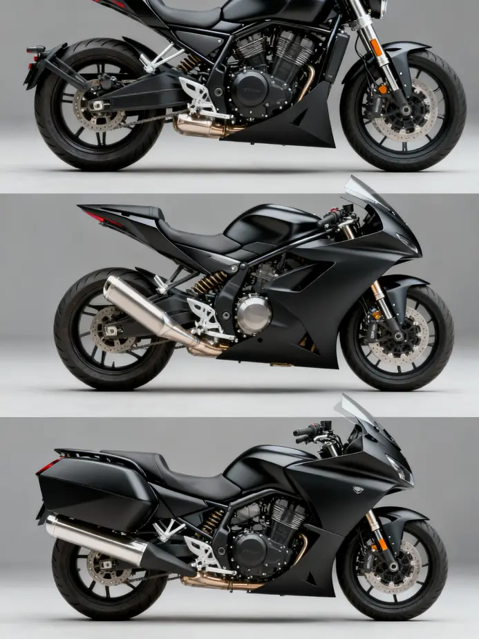 Various styles of lower fairings showing diverse models and their aerodynamic coverage.