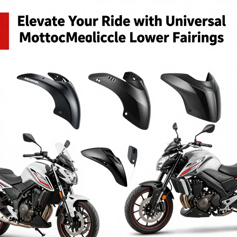 Different designs of universal lower fairings displaying their compatibility with various motorcycle models.