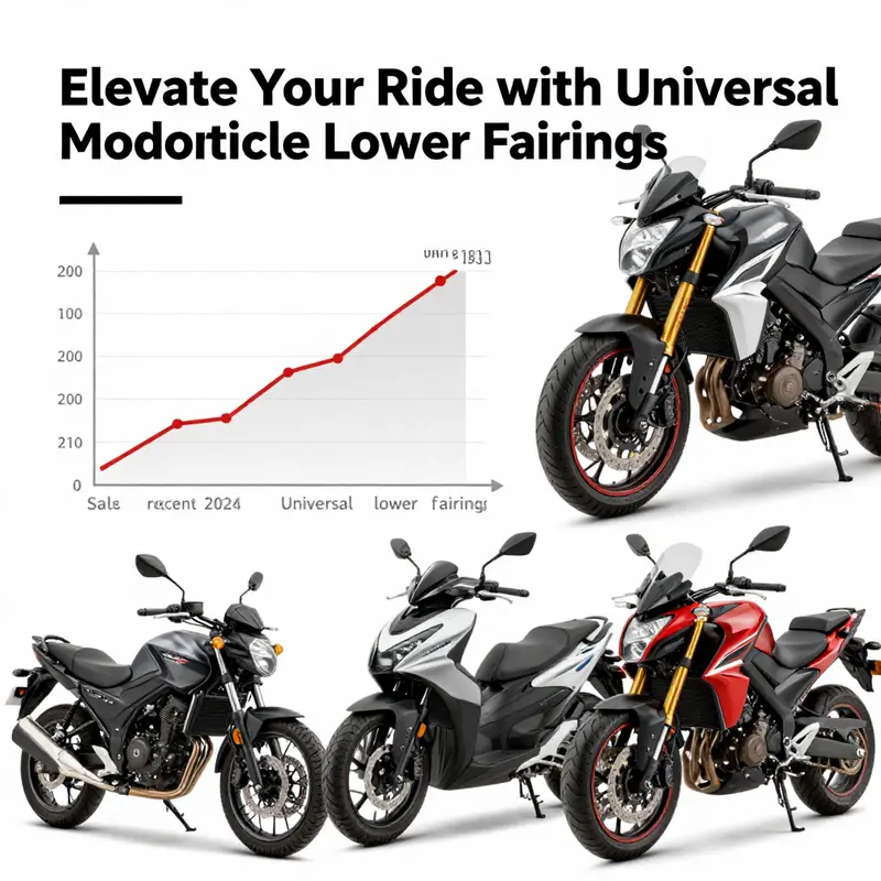 Different designs of universal lower fairings displaying their compatibility with various motorcycle models.