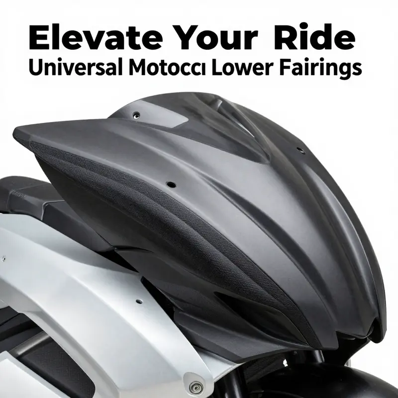 Different designs of universal lower fairings displaying their compatibility with various motorcycle models.