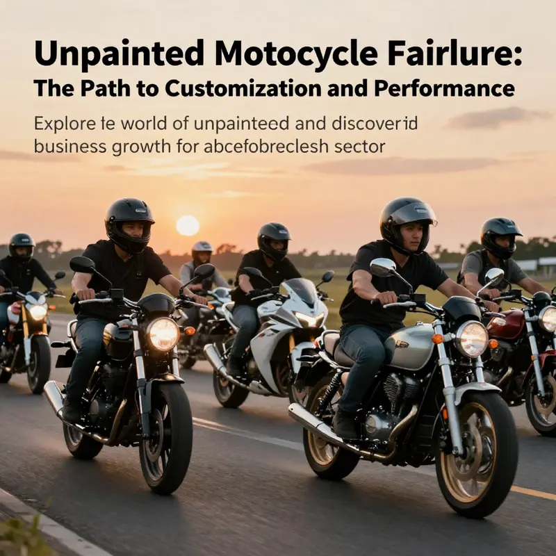 A group of motorcyclists riding together on bikes featuring unpainted motorcycle fairings in a scenic sunset.