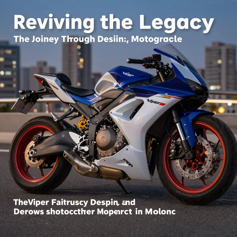 The Viper Fairing Motorcycle parked elegantly in an urban landscape at dusk, highlighting its unique design and presence.