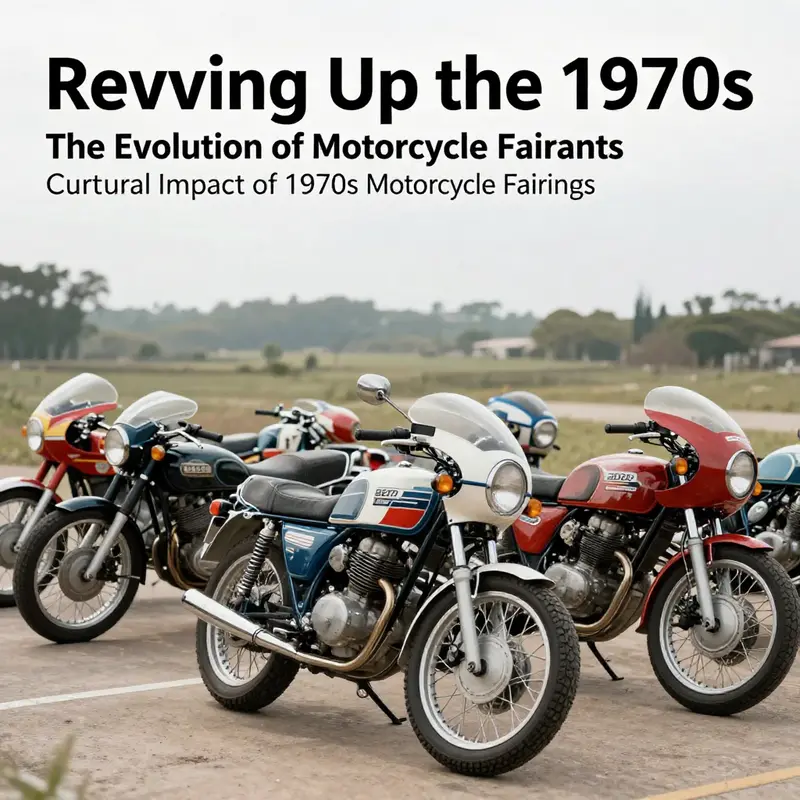 A vibrant group of vintage 1970s motorcycles with various fairing styles, set against a picturesque background.
