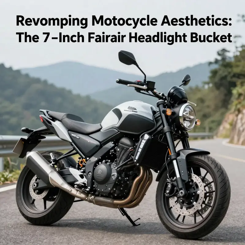 A motorcycle showcasing its 7-inch fairing headlight bucket on a picturesque route.