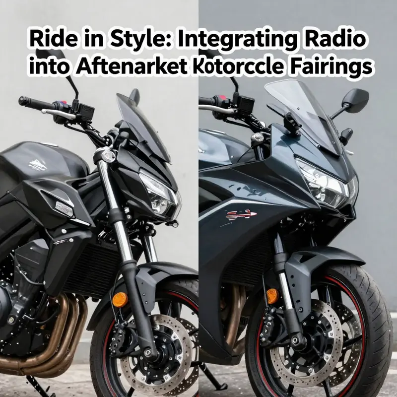 A modern motorcycle equipped with a stylish aftermarket fairing, showcasing integrated radio functionality.