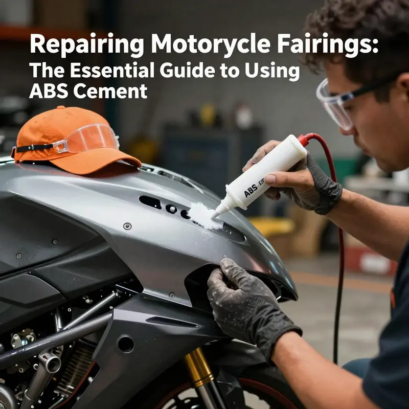 A meticulous application of ABS cement during motorcycle fairing repair.