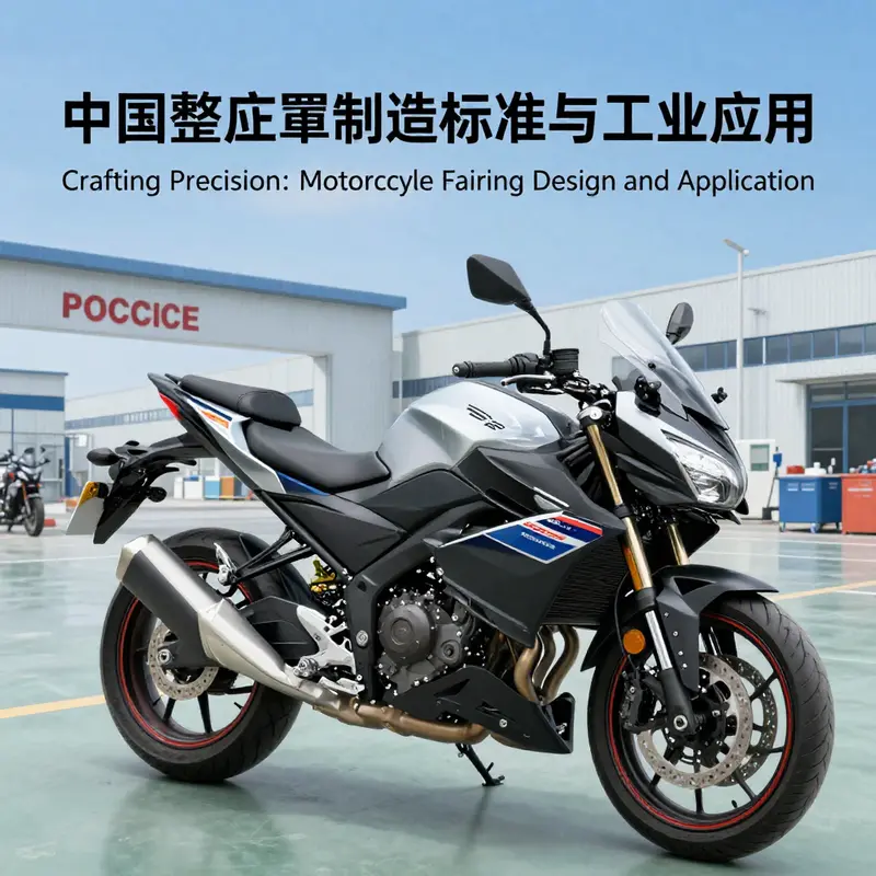 Technical illustration of a modern motorcycle fairing design focusing on aerodynamics and structure.