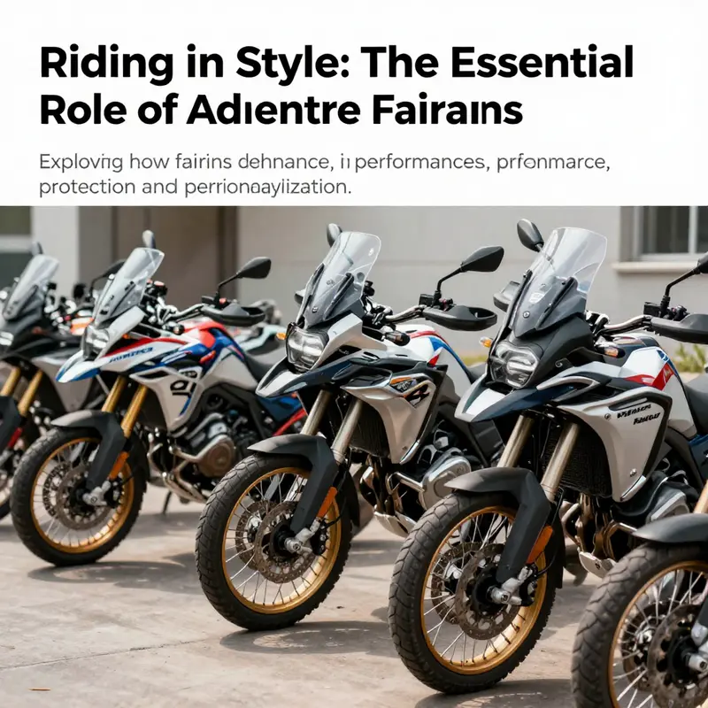 A group of adventure motorcycles with differing fairings parked together, illustrating the customization and options available for riders.